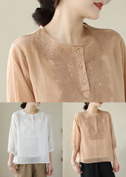 Loose White Embroidered Button Patchwork Cotton Blouse Summer