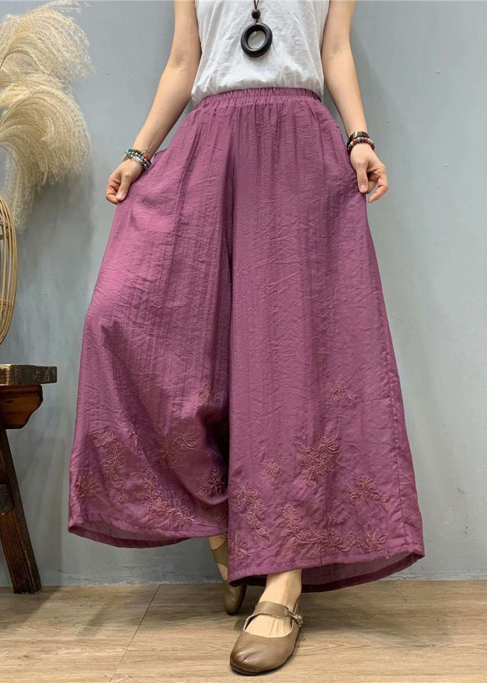 Loose White Embroideried Elastic Waist Silk Linen Wide Leg Pants Summer