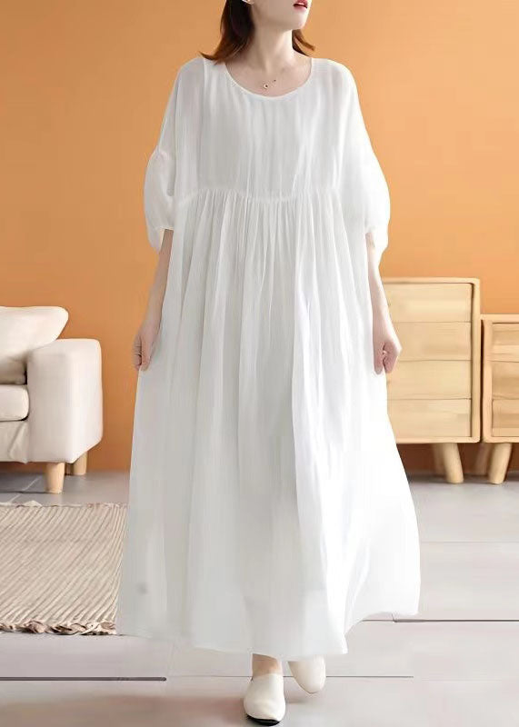 Loose White O Neck Wrinkled Patchwork Linen Long Dresses Summer