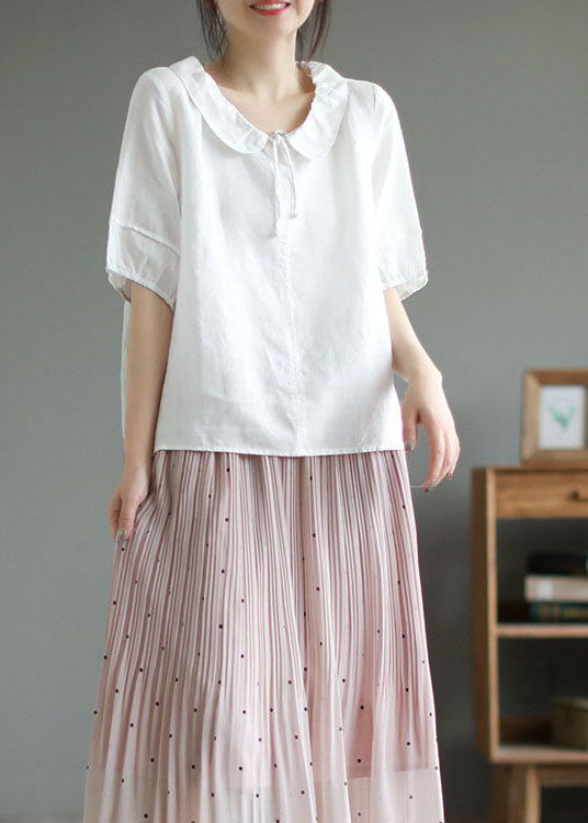 Loose White Peter Pan Collar Patchwork Cotton T Shirts Summer