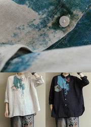 Loose White Peter Pan Collar Print Linen Shirts Fall