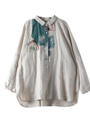 Loose White Peter Pan Collar Print Linen Shirts Fall