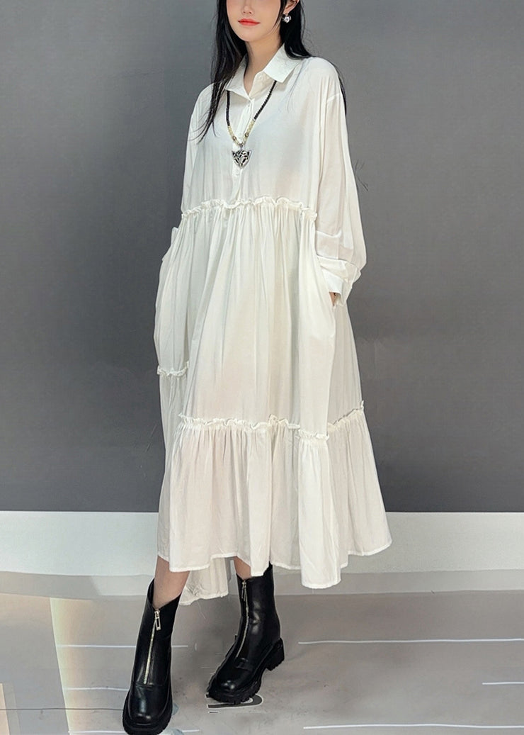 Loose White Peter Pan Collar Ruffled Cotton Dress Fall