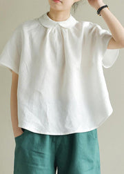 Loose White Peter Pan Collar Solid Linen Top Summer