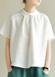 Loose White Peter Pan Collar Solid Linen Top Summer