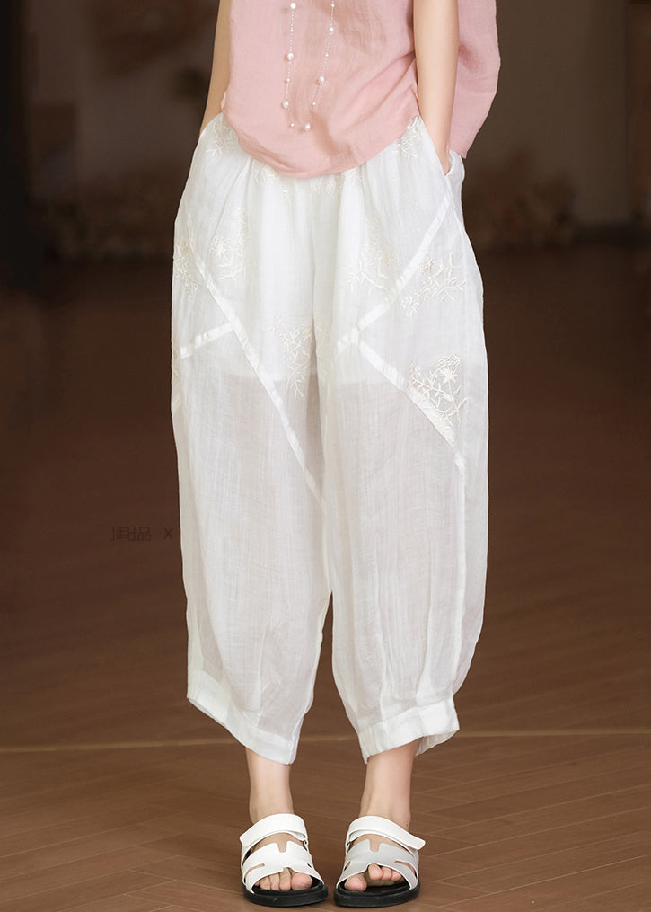 Loose White Pockets High Waist Linen Harem Pants