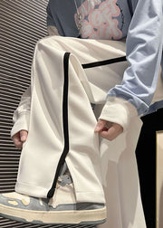 Loose White Pockets Side Open Cotton Straight Men Pants Fall