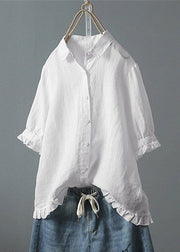 Loose White Ruffled Button Solid Cotton Shirt Summer