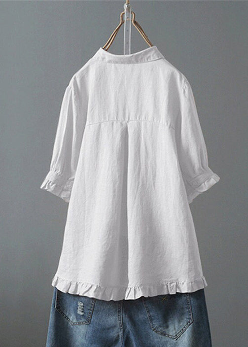 Loose White Ruffled Button Solid Cotton Shirt Summer