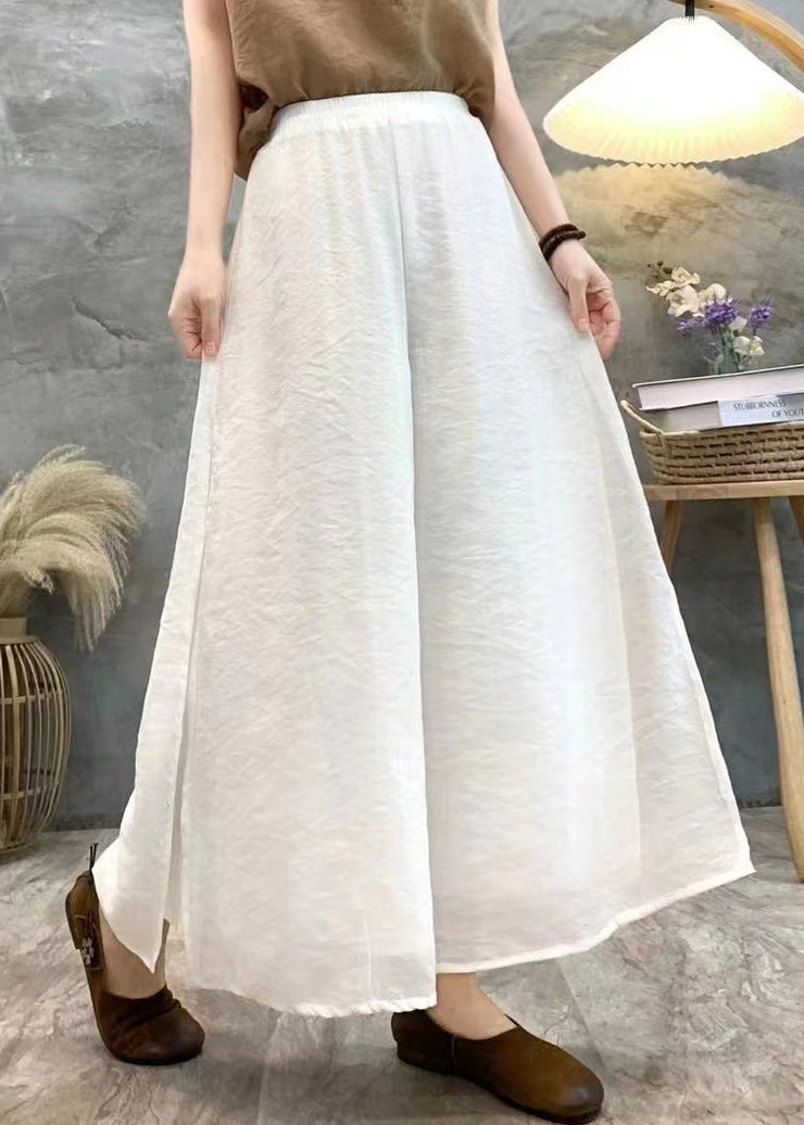 Loose White Side Open Elastic Waist Linen Crop Pants Summer