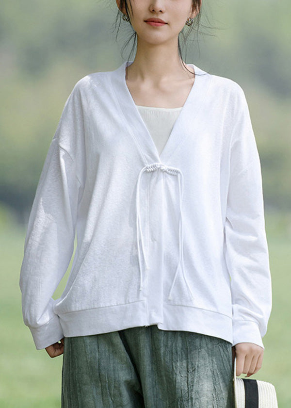 Loose White Tasseled Thin Cotton Loose Coat Long Sleeve