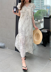 Loose White V Neck Asymmetrical Patchwork Wrinkled Dot Maxi Dress Short Sleeve