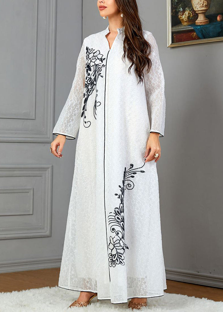 Loose White V Neck Print Cotton Dresses Long Sleeve