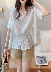 Loose White V Neck Ruffled Cotton T Shirts Summer