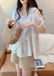 Loose White V Neck Ruffled Cotton T Shirts Summer