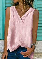 Loose White V Neck Solid Cotton Top Sleeveless