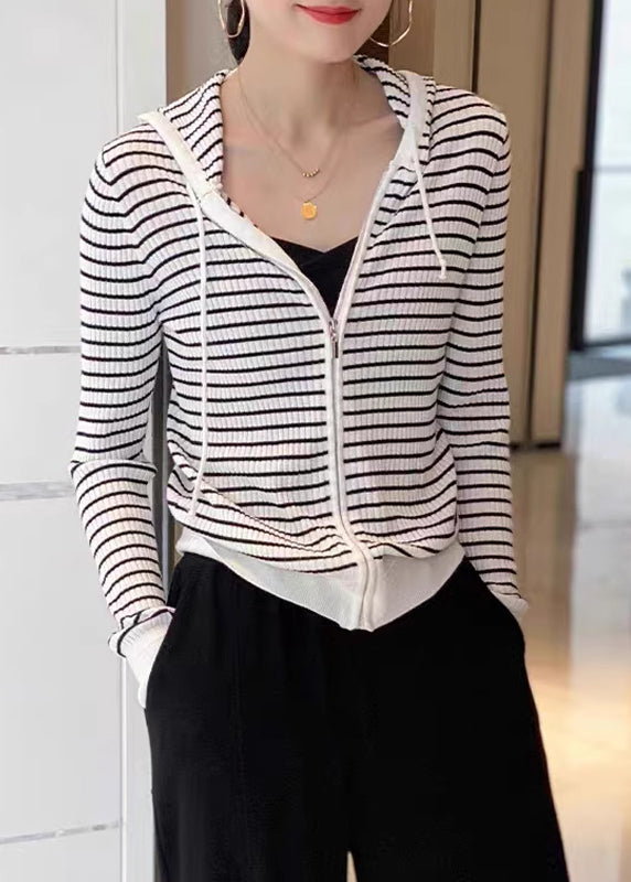 Loose White Zippered Patchwork Striped Wool Knit Hooded Cardigans Fall