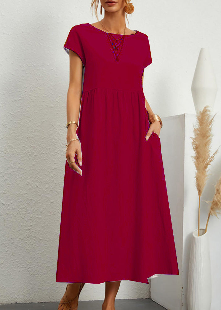 Loose Wine Red O Neck Pockets Solid Cotton Long Dresses Summer