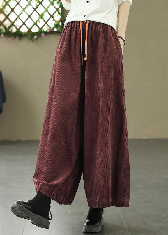 Loose Wine Red Pockets Elastic Waist Corduroy Pants Spring