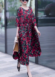 Loose Wine Red Print O Neck Silk Long Dresses Half Sleeve