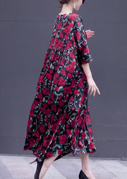 Loose Wine Red Print O Neck Silk Long Dresses Half Sleeve