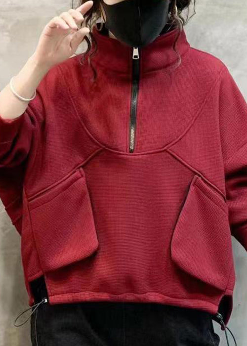 Loose Wine Red Zip Up Pockets Patchwork Warm Fleece Sweatshirts Fall