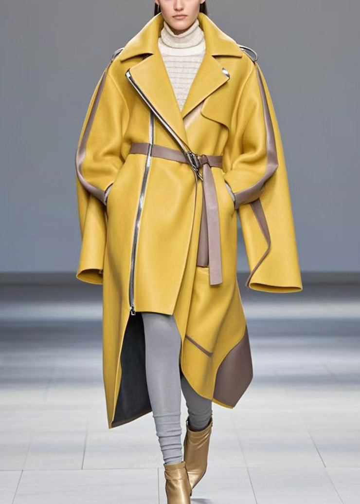 Loose Yellow Asymmetrical Patchwork Faux Leather Coat Fall