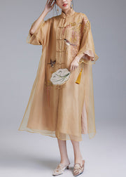 Loose Yellow Embroidered Button Silk Dress Flare Sleeve