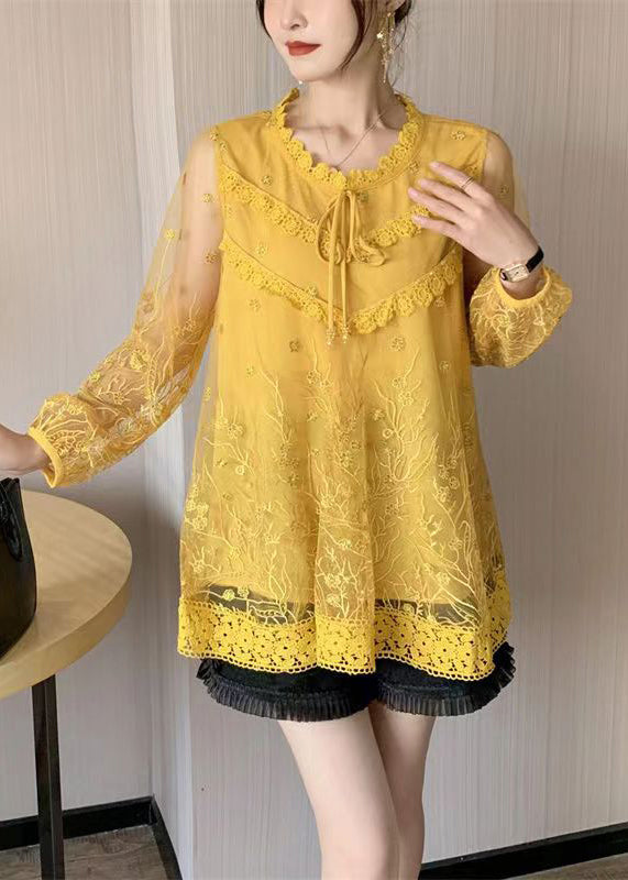 Loose Yellow Embroidered Lace Up Patchwork Lace Top Spring