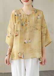 Loose Yellow O Neck Button Print Linen Shirts Batwing Sleeve