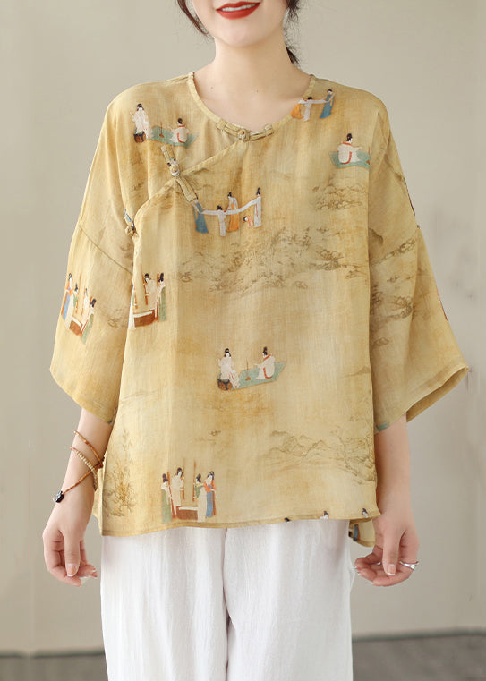 Loose Yellow O Neck Button Print Linen Shirts Batwing Sleeve