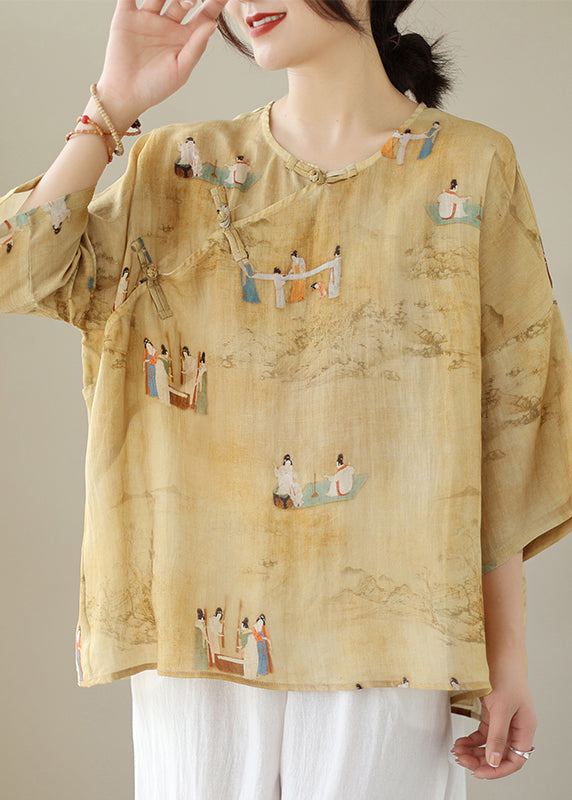 Loose Yellow O Neck Button Print Linen Shirts Batwing Sleeve