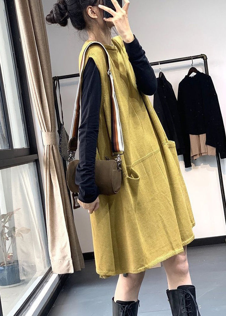 Loose Yellow O Neck Pockets Knitting Cotton Mid Dress Sleeveless