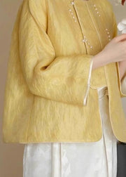 Loose Yellow O-Neck Solid Button Silk Coats Spring