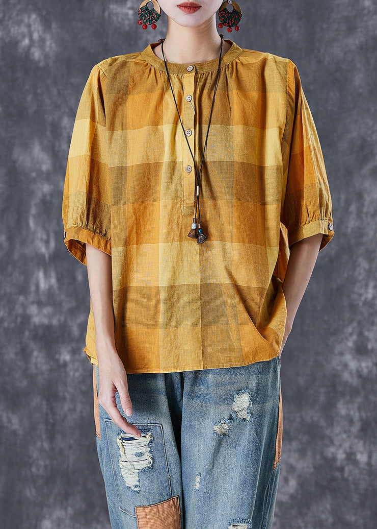 Loose Yellow Oversized Plaid Cotton Shirt Tops Half Sleeve