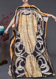 Loose Yellow Oversized Print Silk Beach Dress Batwing Sleeve