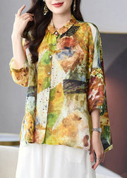 Loose Yellow Peter Pan Collar Button Print Linen Blouses Tops Summer