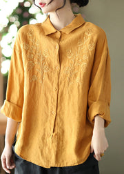 Loose Yellow Peter Pan Collar Embroideried Linen Shirts Long Sleeve