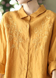 Loose Yellow Peter Pan Collar Embroideried Linen Shirts Long Sleeve