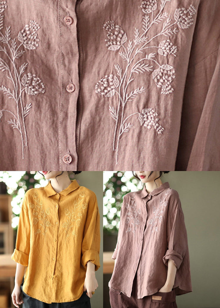 Loose Yellow Peter Pan Collar Embroideried Linen Shirts Long Sleeve