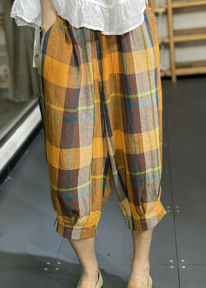 Loose Yellow Pockets Plaid Wrinkled Cotton Lantern Pants Summer