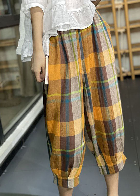 Loose Yellow Pockets Plaid Wrinkled Cotton Lantern Pants Summer