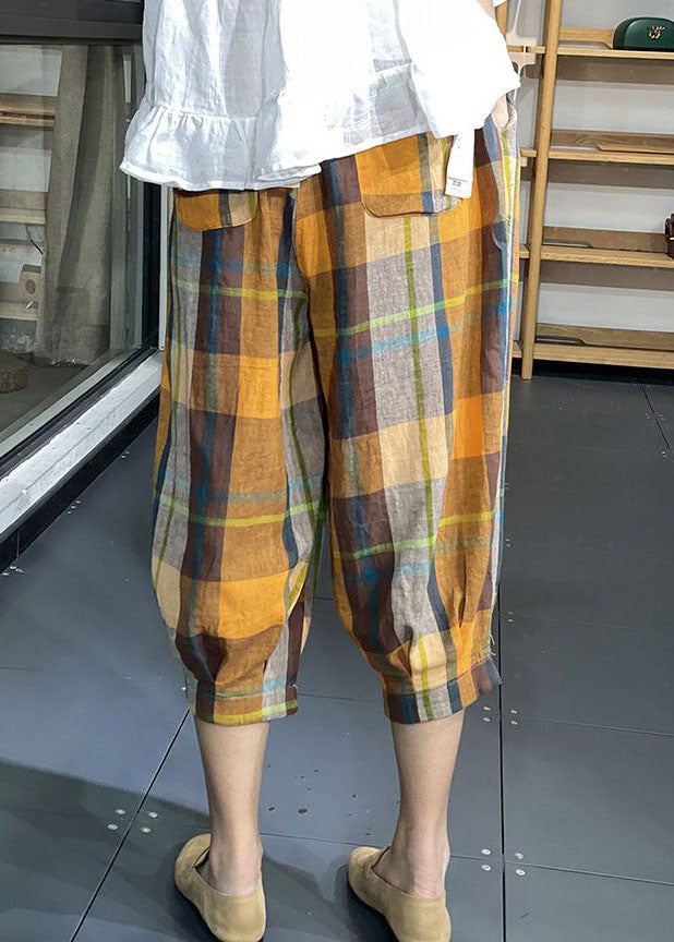 Loose Yellow Pockets Plaid Wrinkled Cotton Lantern Pants Summer