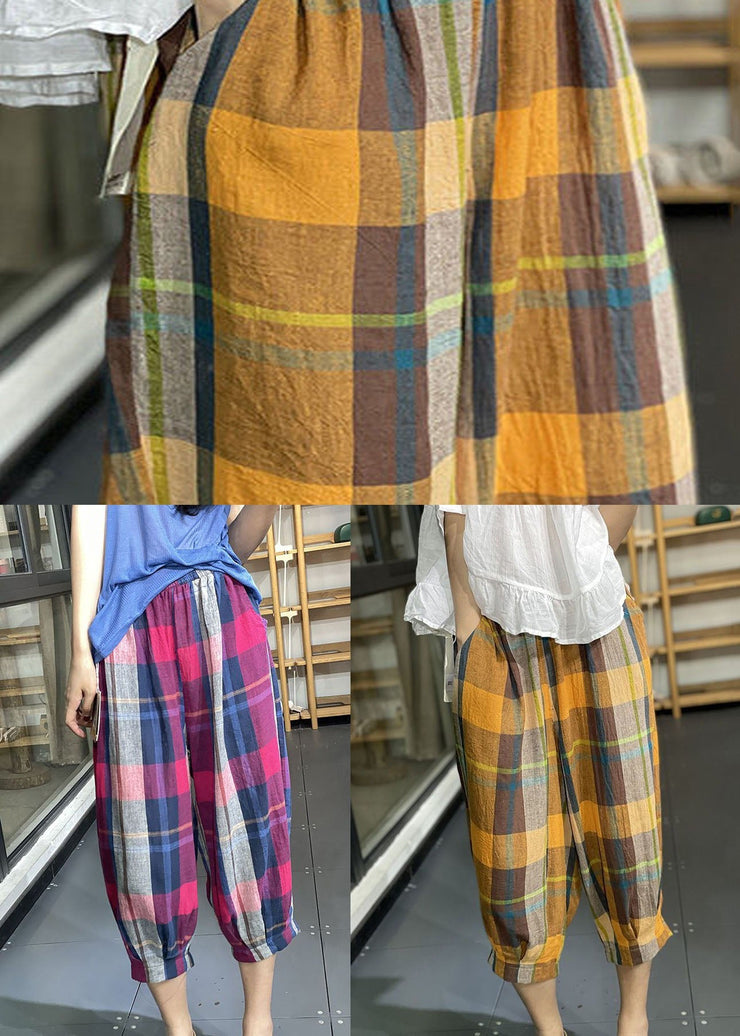 Loose Yellow Pockets Plaid Wrinkled Cotton Lantern Pants Summer