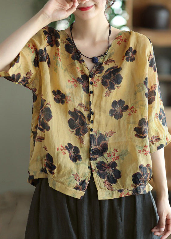 Loose Yellow Print Button Patchwork Cotton T Shirt Top Summer