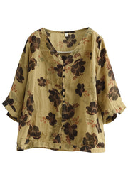 Loose Yellow Print Button Patchwork Cotton T Shirt Top Summer