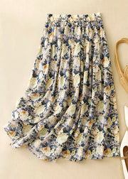 Loose Yellow Print Elastic Waist Cotton Skirt Summer