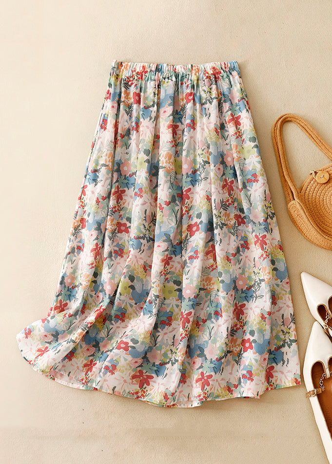 Loose Yellow Print Elastic Waist Cotton Skirt Summer