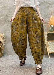 Loose Yellow Print Pockets Cotton Crop Pants Summer