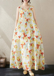 Loose Yellow Print Pockets Cotton Long Dress Sleeveless